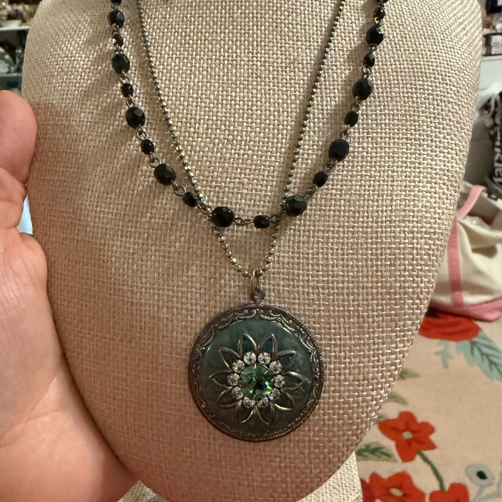 Clara Beau Vintage Layered Necklace Black Bead Green Crystal Floral Pendant